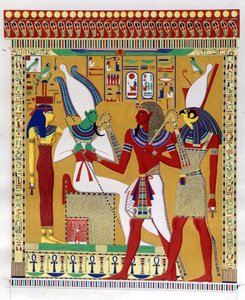 Faraon Merenptah 1. (nebo Mineptah, Merneptah) (1213-1204 př. n. l.) vedený Horem v přítomnosti Osirise a Athyr infernal. Zleva: Athyr, Osiris, Merenptah I a Horus. (Biban-el-Moluk) - v „“Památkách Egypta a Horní Núbie”” od Ippolita Rosela od Unknown artist