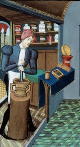 Lékárna: „“Lékárna, sběr rostlin a příprava léků“““ detail Miniatury převzatý z „“ L
