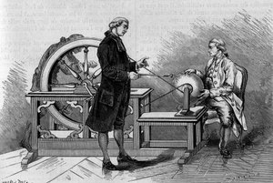Fyzikální zkušenost v 18. století: záře vytvářená elektrickým strojem. (Od abbého Nolleta). Rytina v „“ La Nature: revue des sciences et de leurs applications aux arts et a l