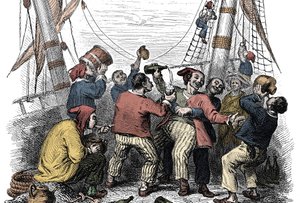 Piráti oslavující ukořistění bohaté kořisti po útoku nepřátelské lodi. Rytina 19. století od Unknown artist