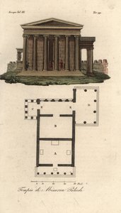 Půdorys a výška Erechtheion nebo Erechtheum A, Chrám Neptuna B, Chrám Minervy Polias s verandou Caryatids C a Chrám Pandrosus nebo Pandrosion D od Unknown artist
