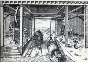 Plán sklonu pro lodě v 16. století na lagunách řeky Brenta v severní Itálii. Gravírování do ""La Nature"" od Unknown artist