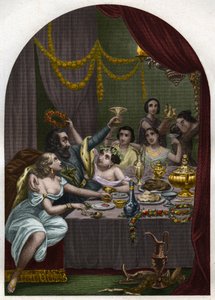 Papež Alexander VI (1431-1503) (Alessandro, Rodrigo Borgia) Rodrigue Borgia slaví ve Vatikánu sňatek své dcery Lucrece Borgia (Lucrezia) s 50 kurtizánami. Rytina z roku 1842 v „Histoire des Popes: zločiny, vraždy, otravy, parrici od Unknown artist
