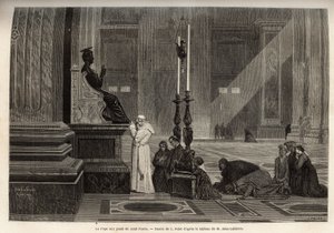 Papež Pius IX (pio 9) (1792-1878) shromážděný u paty sochy svatého Petra, u vchodu do baziliky, ve Vatikánu. Rytina k ilustraci římského příběhu od Francise Weye, v letech 1864-1868, publikovaná v „“ le tour du monde“, editoval D