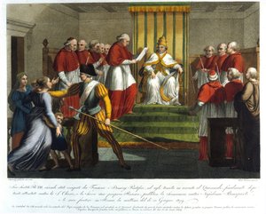 Papež Pius VII. (1742 - 1823) dne 10. června 1809 exkomunoval Napoleona Bonaparta. Rytina 19. století. od Unknown artist