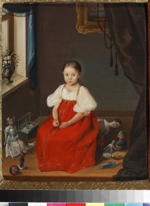 ""Portrét malé dívky v červených šatech pózující mezi svými hračkami"" (Portrét dívky v červeném sarafanu s hračkami) Anonymní obraz kolem roku 1840 Muzeum umění a pedagogických hraček, Sergiyev Posad od Unknown artist