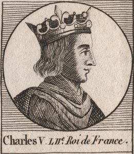 Portrét Karla V. mudrce (1338 - 1380) - Karel V. moudrý nebo Karel V. mudrc, francouzský král z rodu Valois - rytina z „Instruction sur l