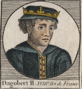 Portrét Dagoberta II., krále franků v letech 711 až 716 - Dagobert II. (676-679), král Austrasie - rytina z „Instruction sur l