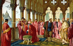 Portrét Galilea Galilei dit Galileo (1564 - 1642) představuje dlouhý pohled na dóžete v jeho vévodském paláci v Benátkách. od Unknown artist