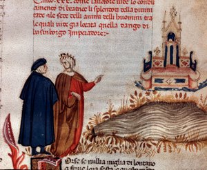 Portrét italského básníka Dante Alighieriho s Virgilem při pohledu na trůn Jindřicha VII. (píseň 20 z ráje, v Božské komedii) - Miniatura od Unknown artist