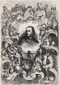 Portrét Jacquese Offenbacha (1819-1880), francouzského skladatele a ředitele divadla des Bouffes Parisiens, obklopený postavami jeho děl - Rytina v „“Le Monde Illustré““ od Unknown artist