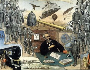 Portrét Julese Verna a výjevy z jeho děl - reklamní plakát na jeho kompletní díla od Unknown artist