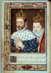 Portrét krále Karla IX. (1550-1574) a Alžběty Rakouské (1554-1592) Francouzská královna Rukopisná stránka „Knihy hodin Kateřiny de Medicis“ (Caterina de Medici) Paříž 16. století, B.N. od Unknown artist