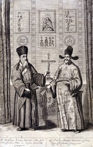 Portrét Mattea Ricciho (vlevo), italského jezuity a Paula Ly, velkého šiřitele křesťanské víry v Číně, rytina „De China monumenta“ od Athanasius Kircher (1601 - 1680), jezuita, orientalista a germanista, Amsterdam 1667. od Unknown artist