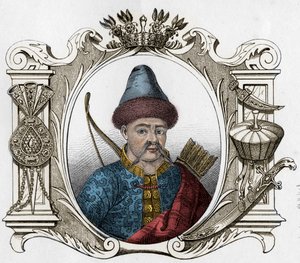 Portrét mongolského panovníka Timura (Tamerlane) (1336-1405) - Tamerlan (1336-1405) (nebo Timur Lang, ""Timur chromý""), rytina z roku 1861 od Unknown artist