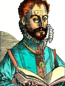 Portrét Orlanda Lassuse (1531-1594), hudebníka francouzsko-belgické školy, držícího otevřenou knihu (bílé stránky). Rytina 16. století. Coll. Pojď. od Unknown artist