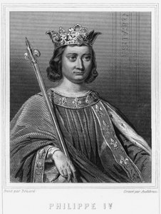 Portrét Filipa IV. Bela (1268 - 1314), francouzského krále - v „Histoire des Français““ od Lavallée, rytina, sd. od Unknown artist