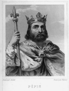 Portrét Pépina le Briefa (v. 714 - 768), krále franků, prvního z Karolinců - v „Histoire des Français“ od Lavallée, rytina, sd. od Unknown artist