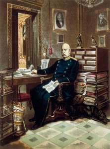 Portrét prince Otto von Bismarcka (1815-1898), kancléře a pruského politika, v jeho kanceláři. Barevná litografie od Unknown artist