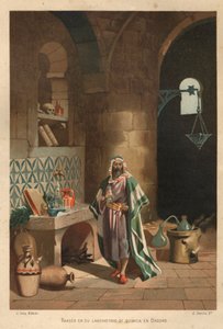 Portrét Rhasese (Rhazes, Razi, Al-Razi, Razis nebo Rases) (840-923) perský vědec) ve své laboratoři v Bagdádu. Barcelona 1881 od Unknown artist