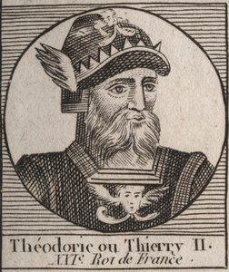 Portrét Thierryho II. (587-613) krále Austrasie a Burgundska v letech 595 až 613 - THIERRY II (Theuderic nebo Theuderich, Theoderic nebo Theodoric II) král Burgundska a Austrasie - rytina z „Instruction sur l
