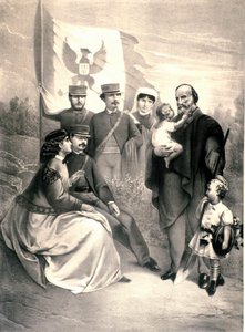 Portrét italského patriota a hrdinů Risorgimenta Giuseppe Garibaldiho (1807-1882) obklopuje jeho děti Menotti, Ricciotti stojící a Teresita, Francesca Armosino a malý Manlio a Clelia. Ilustrace kolem roku 1870. Soukromá sbírka od Unknown artist