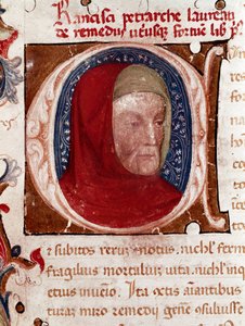 Portrét italského básníka Francesca Petrarcy (Petrarque) (1304-1374) Detail. Stránka převzata z rukopisu „Les remedes aux deux fortunes“ (De remediis Utriusque Fortunae) od Petrarky. 1360-1366 Benátky, Biblioteca marciana od Unknown artist