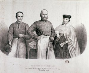 Portrét patriota a hrdinů Risorgimento Giuseppe Garibaldi (1807-1882) mezi Teresitou, jeho dcerou a manželkou Stefano Canzio. Litografie z roku 1862 Soukromá sbírka od Unknown artist