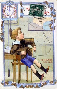 Pohlednice zobrazující průběh dne dítěte. V 10:00 je dítě ve škole. od Unknown artist
