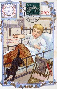 Pohlednice zobrazující průběh dne dítěte. V 7 hodin se dítě budí. od Unknown artist