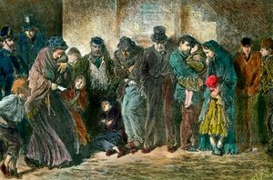 Chudoba v Londýně u dveří útulku Chudé a hladové rodiny stojí frontu před domem. Rytina z roku 1869. Soukromá sbírka od Unknown artist