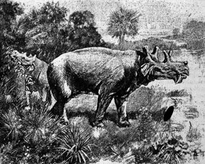 Pravěk: zobrazení čtyřrohého dinosaura Uintatherium. od Unknown artist