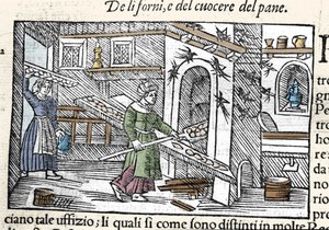 Příprava a pečení chleba v troubě. Rytina Olause Magnuse (1490-1557), švédského náboženského a geografa, „Historia de Gentis Septentrionalibus“, Benátky od Unknown artist