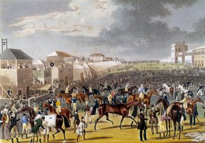 Přípravy na závod Epsom (Epsom Oaks: anglický koňský dostih). Rytina soukromé sbírky 19. století od Unknown artist