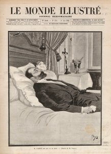 Prezident republiky Sadi Carnot (1837-1894) na smrtelné posteli byl v rámci odborové a anarchistické agitace 24. června na výstavě v Lyonu zavražděn Sante Caseriem (1873-1894) a později. Rytina „Le monde illustrious“ f od Unknown artist