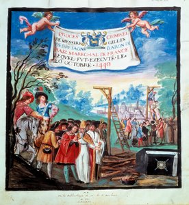 Proces Gilles de Rais (Retz ou Rays) (1404-1440): „“Poprava, šibenice a řezník“““ Je popraven za vraždu a kacířství. Miniatura z 15. století. Paříž, B.N. od Unknown artist