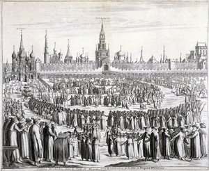 Průvod velikonočních květin před bránou Svatého Spasitele a Kremlem v Moskvě. Rytina 19. století. od Unknown artist