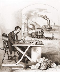 Pokrok století (19. století): Morseova telegrafie, Dawn Boat, Train aj. Rytina 19. století. od Unknown artist