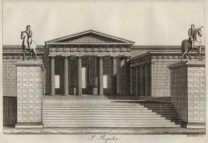 Propylees (Propylaea) (akropole v Athénách) rytina z „“ Zvyků a tradic všech národů vesmíru. Tedy Dějiny vlády, zákonů, milicí, náboženství všech národů od nejvzdálenějších dob až po současnost „1856 od Unknown artist