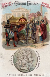 Ptolemee I. (360-283 př. n. l.) Soter (zachránce) nechal Alexandra Velikého pohřbít. In Obecná historie mincí. Čokoládovo-hříběcí chromolitografie konce 19. století. Soukromá sbírka. od Unknown artist