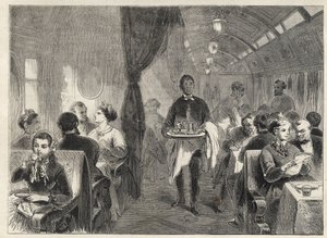 Pullmanův jídelní vůz Pacifických železnic v roce 1869 - uvnitř hotelu vozu na Pacifické železnici - od Unknown artist