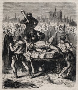 Trest Francoise Ravaillaca (1578-1610) atentátníka na krále Jindřicha IV. (1553-1610) na Place de Greve v Paříži v roce 1610 - rytina z roku 1879 v „Historie tajných, politických a náboženských společností“ od Pierra Zaccone (1817-1895) od Unknown artist