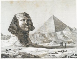 Pyramidy v Gíze: pohled na Sfingu a Velkou pyramidu, převzato z jihovýchodu - v „“ Popis Egypta“, Imperial Editions od Unknown artist