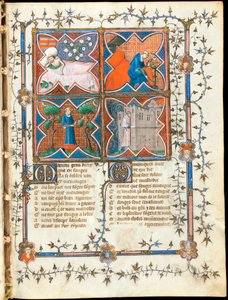 "Čtyři muži zaneprázdněni různými činnostmi"" iluminovaná stránka z rukopisu ""Le Roman de la Rose"" Guillaume de Lorris (kolem 1200-1238) a Jean de Meun (Meung) (1240-1305) kolem 1353 Švýcarsko, Ženevská knihovna od Unknown artist