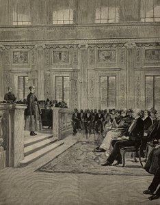 Královna Margherita Savojská (1851-1926) na koncertě v Istituto dei ciechi, Milán, Itálie, kresba E. X. z L