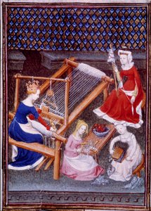 Královna Tanaquil, manželka římského krále Tarquina staršího, tkala miniaturu nakreslenou z „“De mulieribus claris“““ (Světlé a vznešené ženy)““ od Giovanniho Boccaccia (Boccaccia) (1313-1373) od Unknown artist