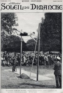 Závodní klub Francie. Sheldon, mistr Francie, skáče 2,95 m na skok a la Perche. Rytina v „“Le sun-du-dimanche“, 2. července od Unknown artist