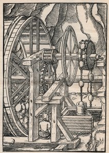 Hadrová pumpa na odvodnění miny, kterou obsluhují muži na běžícím pásu. Od Agricola (George Bauer) De re metallica, Basilej od Unknown artist
