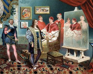 Raphael (Raffaello Sanzio) pracující na portrétu papeže Leona X (leone 10) obklopuje kardinály Jules de Medicis (Giulio) (papež Klement VII. od Unknown artist