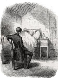 Rastignac zůstal sám poblíž starého muže, seděl u nohou postele... Rytina z poloviny 19. století. Ilustrace k „Otec Goriot“ od Honore de Balzac (1799-1850). od Unknown artist